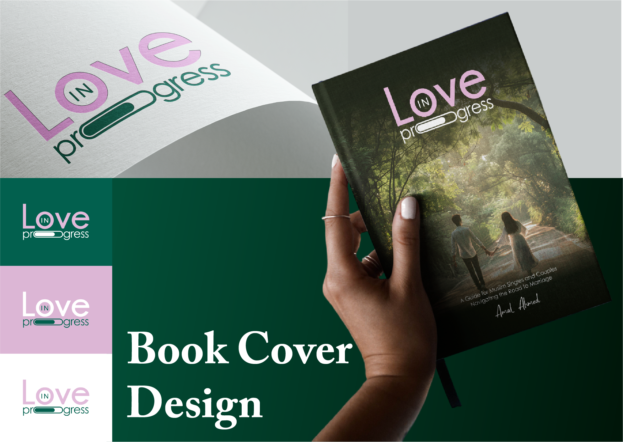 A woman holding a book titled 'Love in Progress' with a cover image of a couple holding hands walking in a green forest, depicted in an outdoor scene with sunlight filtering through trees.