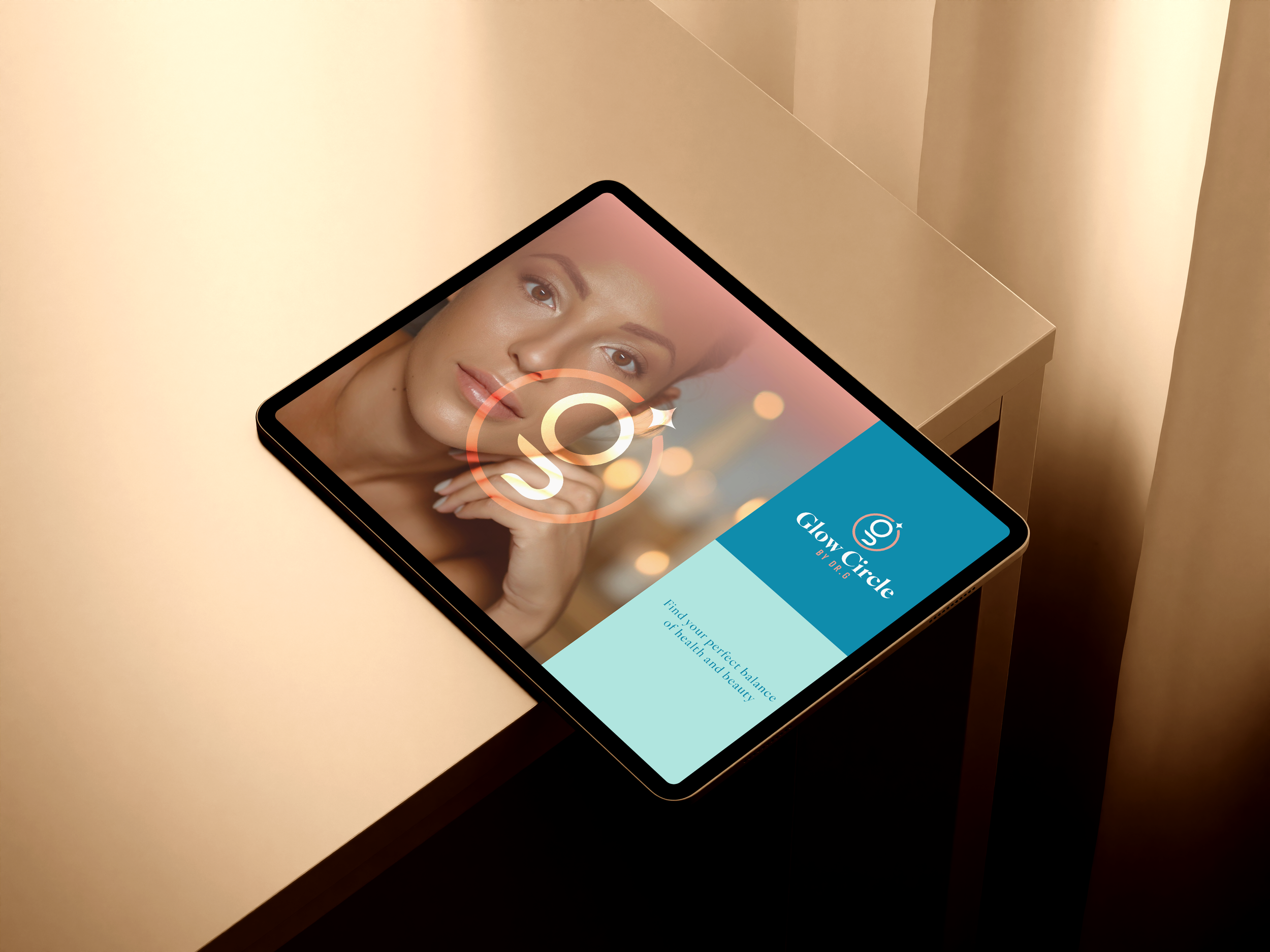A tablet on a beige table displays a promotional image for Glow Circle by Dr. C, featuring a woman with clear skin and a confident expression. The screen also shows the Glow Circle logo and slogan about finding balance in health and beauty.