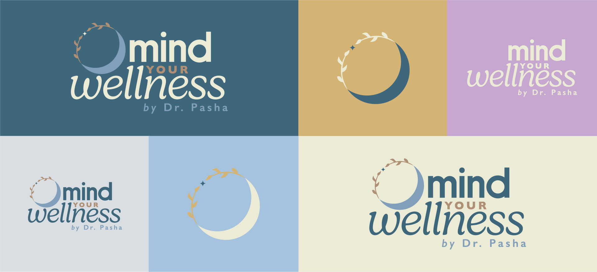 A collage of five logo variations for 'Mind Your Wellness' by Dr. Pasha, featuring a moon and branches design with different background colors: teal, beige, lavender, light gray, and light blue.