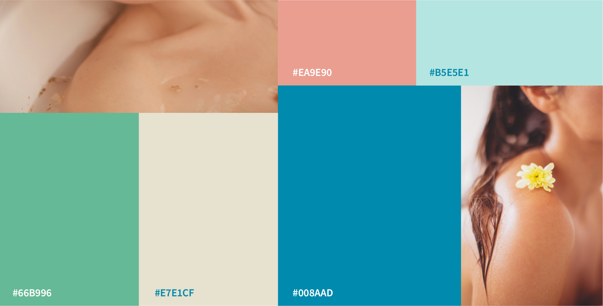 Close-up of a woman's shoulder with a small flower resting on it, with a color palette overlay showing various pastel and vibrant colors.