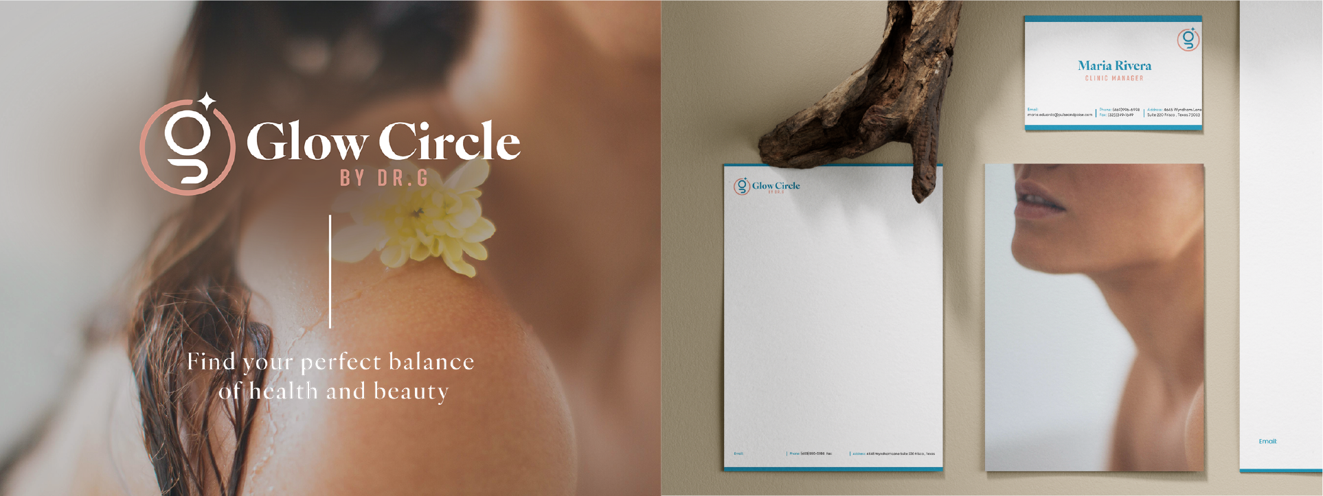 Marketing display for Glow Circle by Dr. G, featuring close-up of a woman's shoulder with a flower on her neck, a business card, a blank notepad with logo, and a photo of a woman’s face and neck, with a piece of wood along the top.