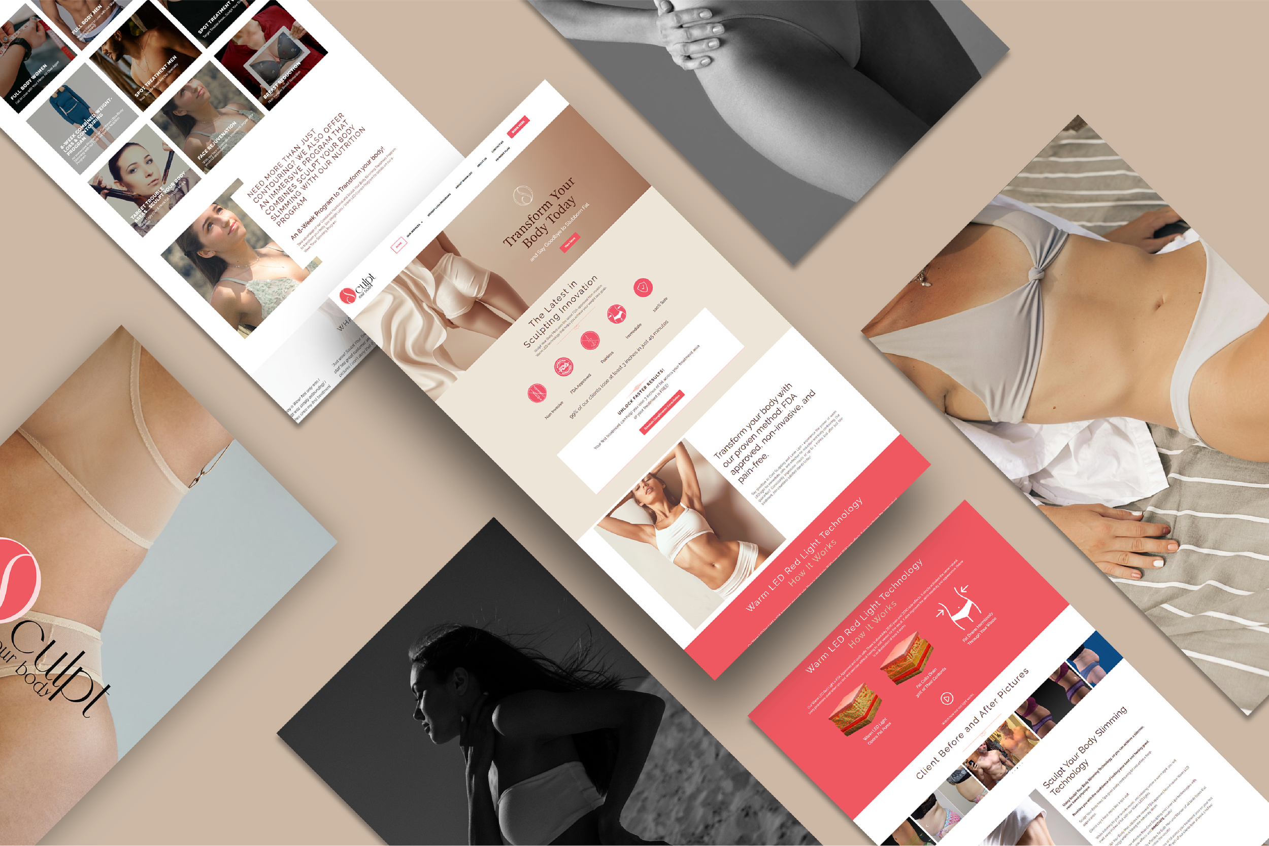 Collage of website pages and promotional images related to body slimming, sculpting, and fitness, featuring women in various poses and outfits.