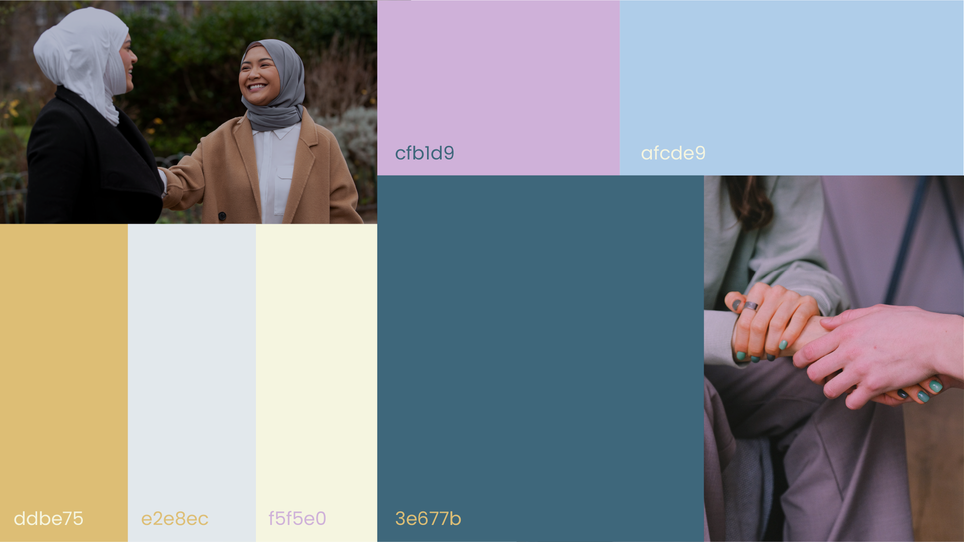 A collage featuring two women wearing hijabs smiling at each other outdoors, with a color palette including shades of purple, blue, yellow, and gray, alongside a close-up of two hands clasped.