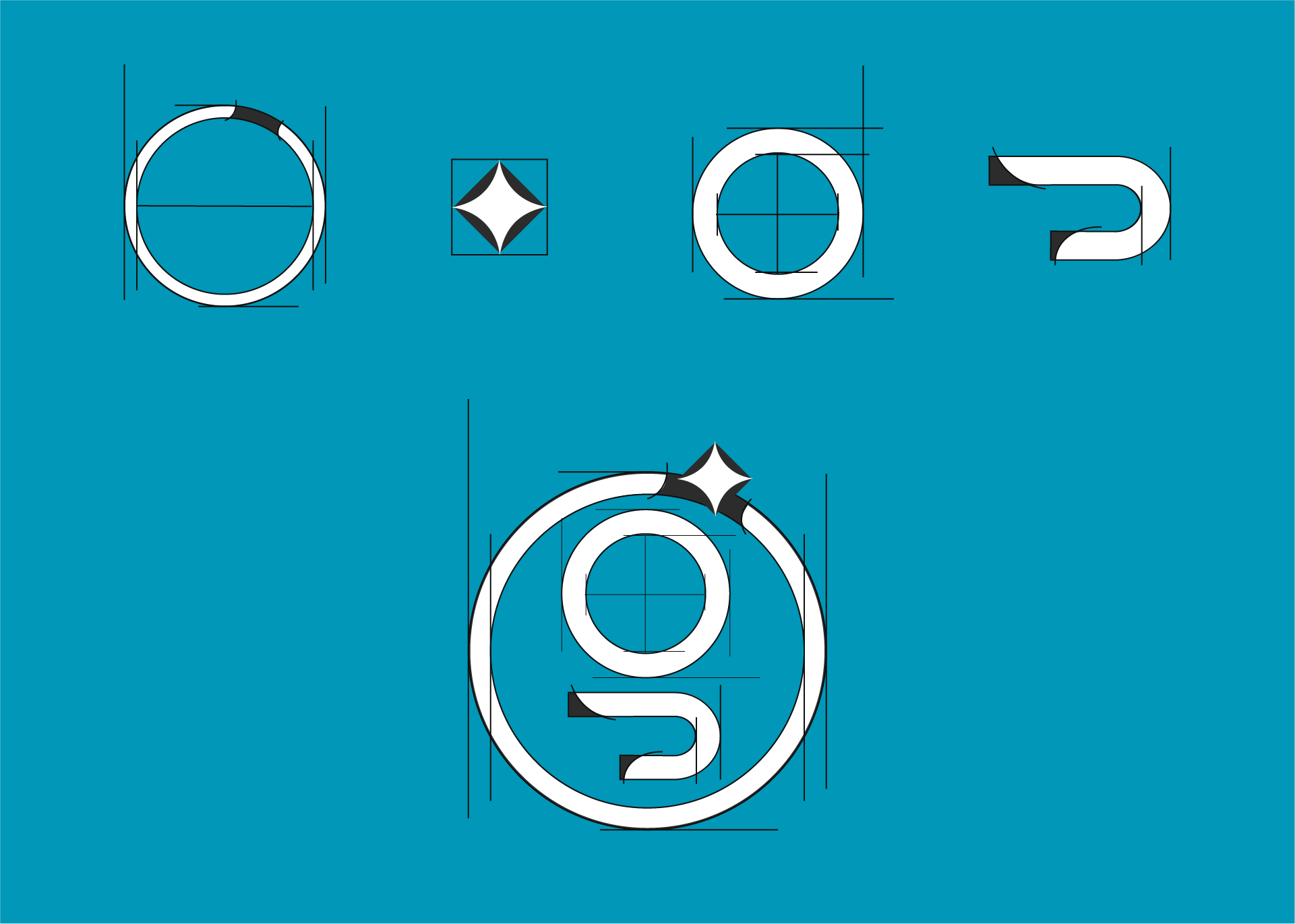 Blueprint style design of the words 'O, O, S' in large letters with technical lines and highlights on a teal background.