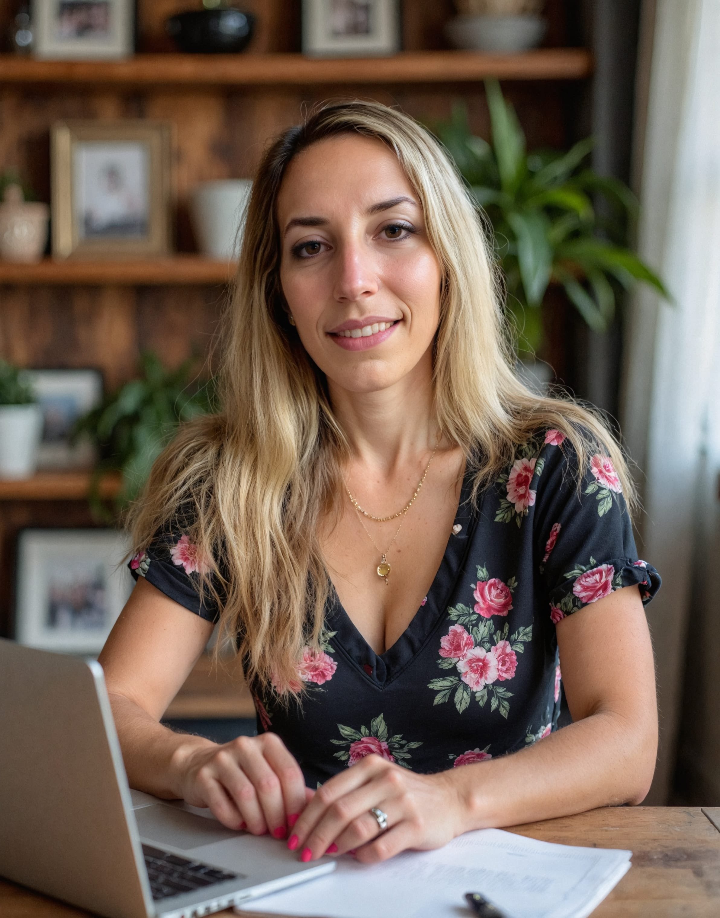 A woman with long blonde hair, wearing a black floral dress, sits at a wooden table with a laptop and papers, smiling in a cozy, plant-filled room.