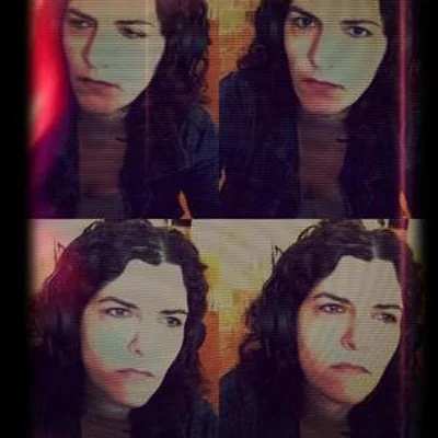 A collage of four images featuring a woman with dark curly hair, showing different facial expressions in each, against a colorful background.