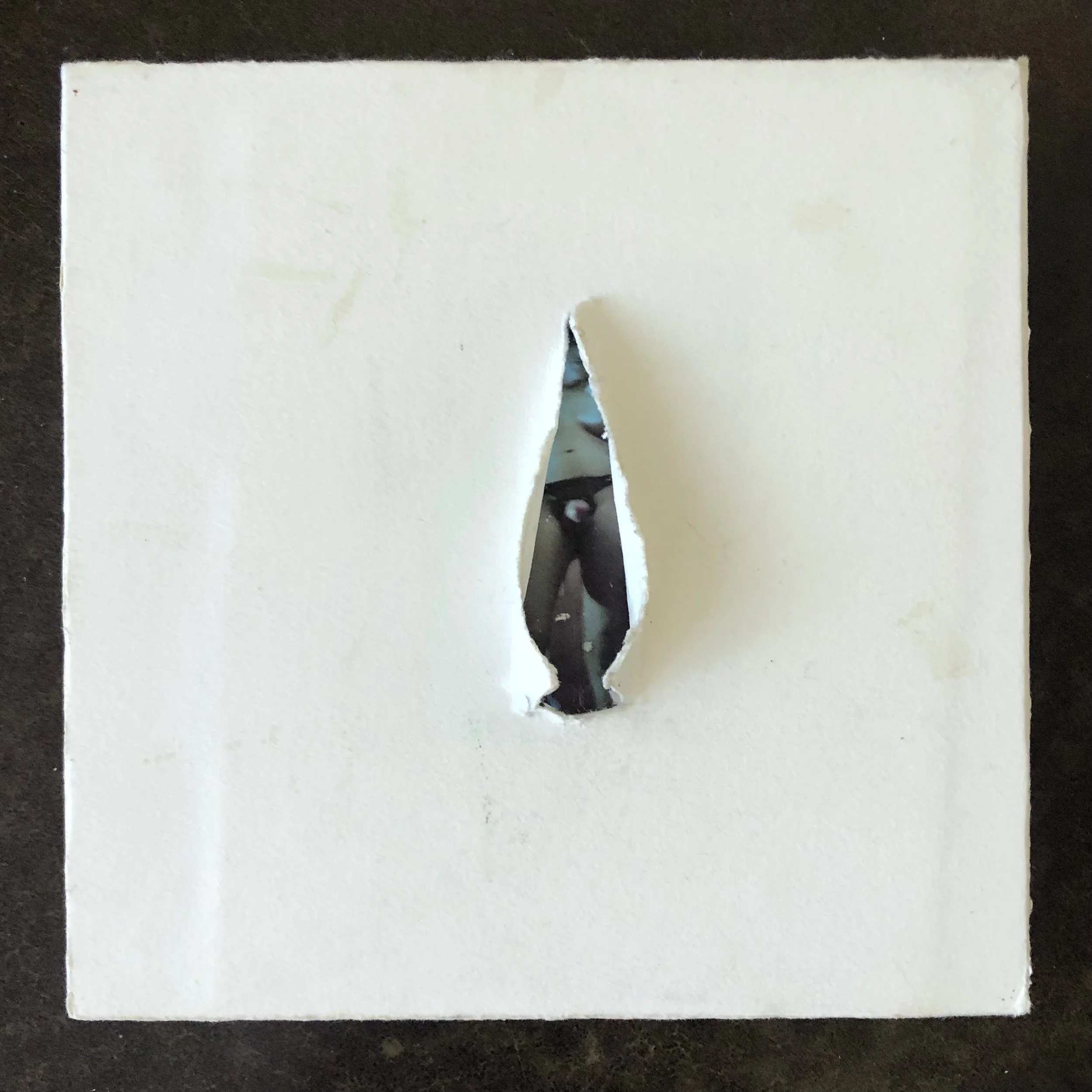 A white square card with a tear-out shaped like a female reproductive organ revealing a photograph behind it.
