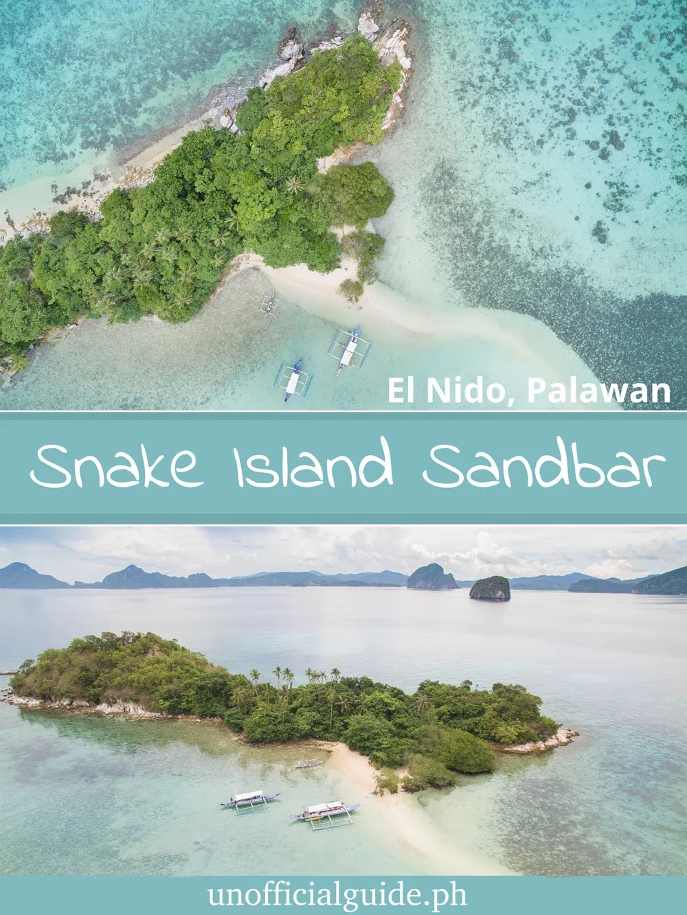 Aerial view of Snake Island Sandbar near El Nido, Palawan, showing a small sandbar with dense green trees and boats anchored nearby in turquoise waters.