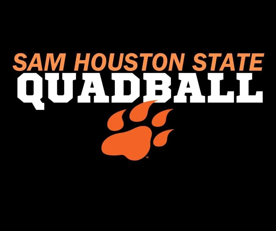 Logo of Sam Houston State Quadball with a black background, featuring the text 'SAM HOUSTON STATE' in orange, 'QUADBALL' in white, and an orange paw print underneath.