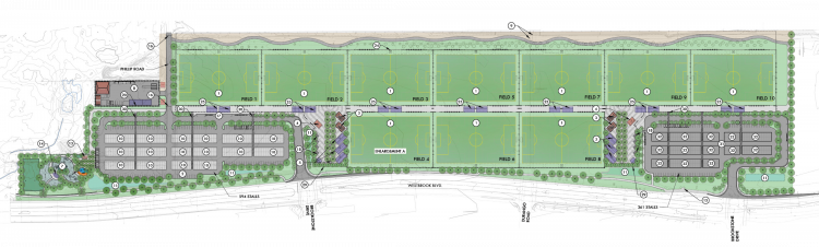 Site plan of multiple soccer fields labeled Field 1 through Field 8, with surrounding parking areas and pathways.