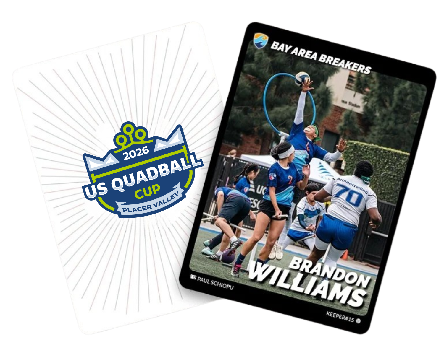 A playing card featuring a quadball player in a blue jersey, reaching for the ball, and another player in a white jersey with the number 70, on a field with a fence and trees in background.