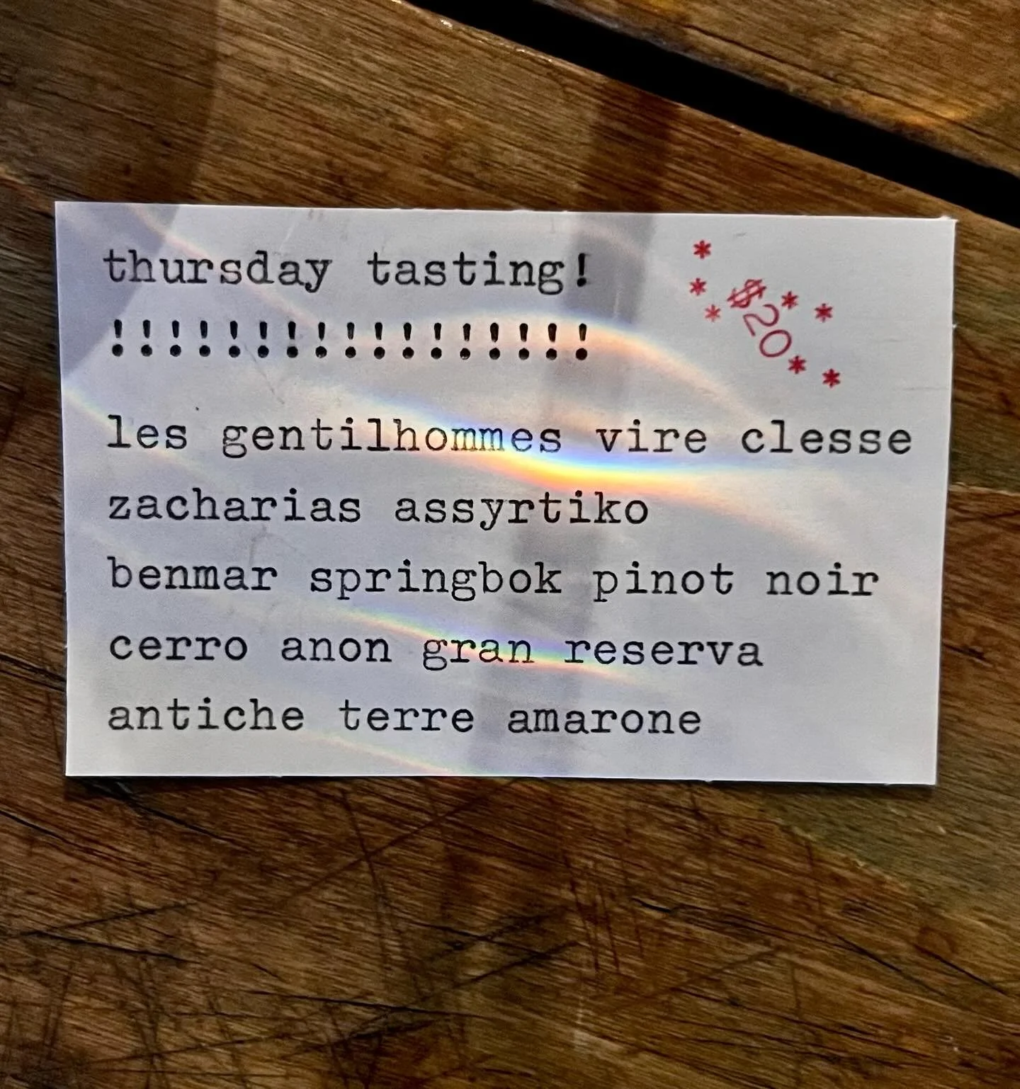 a thursday tasting appears! 4:00-7:00, take a trip around the world and try some interesting and beautiful juice! $20 buys five tasting pours and all the atmosphere you can bask in!