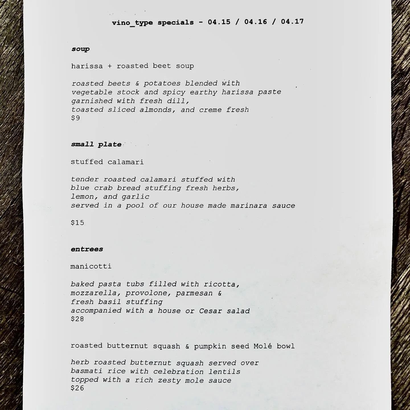 this weekend&rsquo;s specials will be served beginning tomorrow at noon! #wineandfood is incredible these days in #chesterlandohio 💖🍷💖