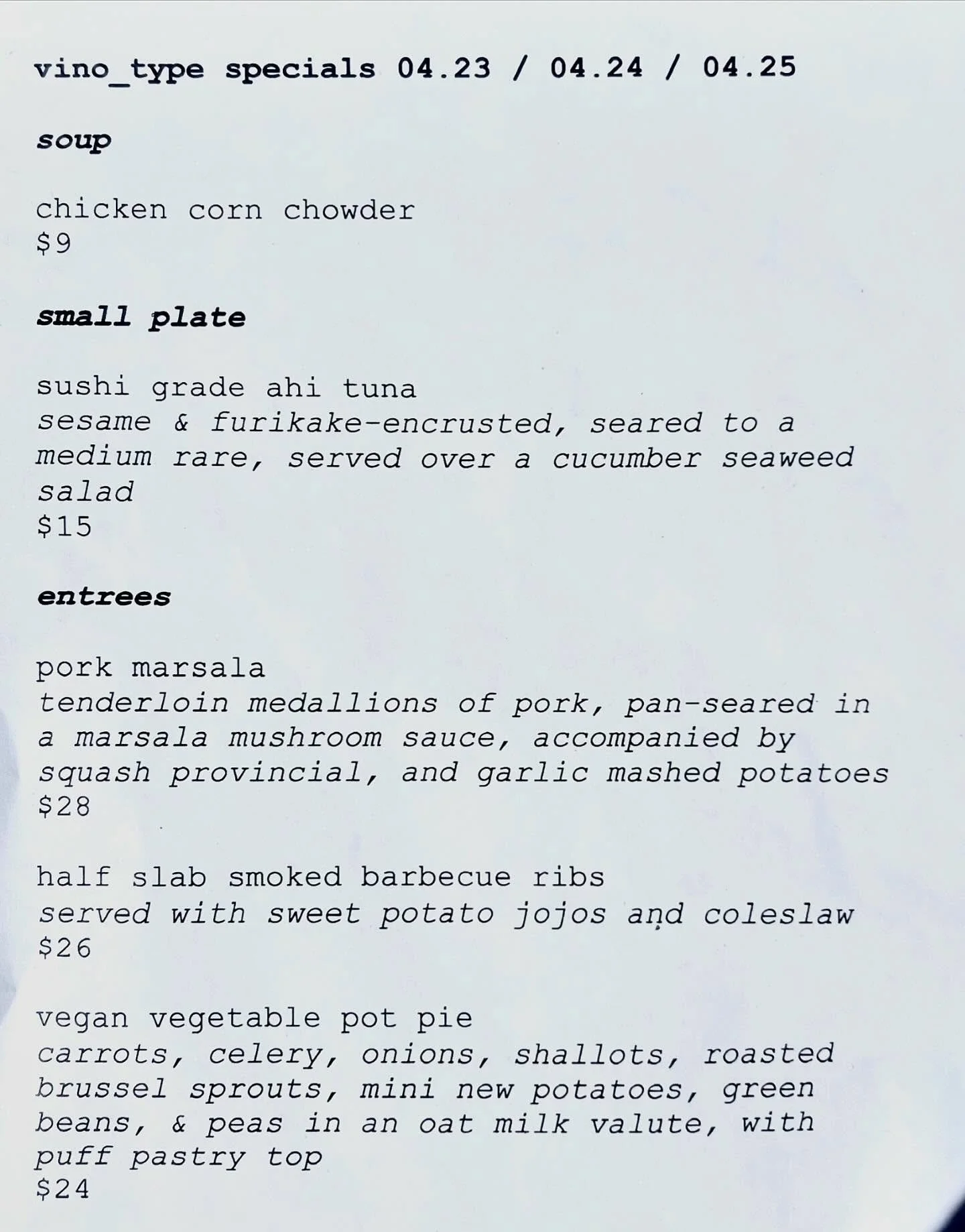 tonight and tomorrow night&rsquo;s specials are &hellip; something special! serving these beginning at 4:00!