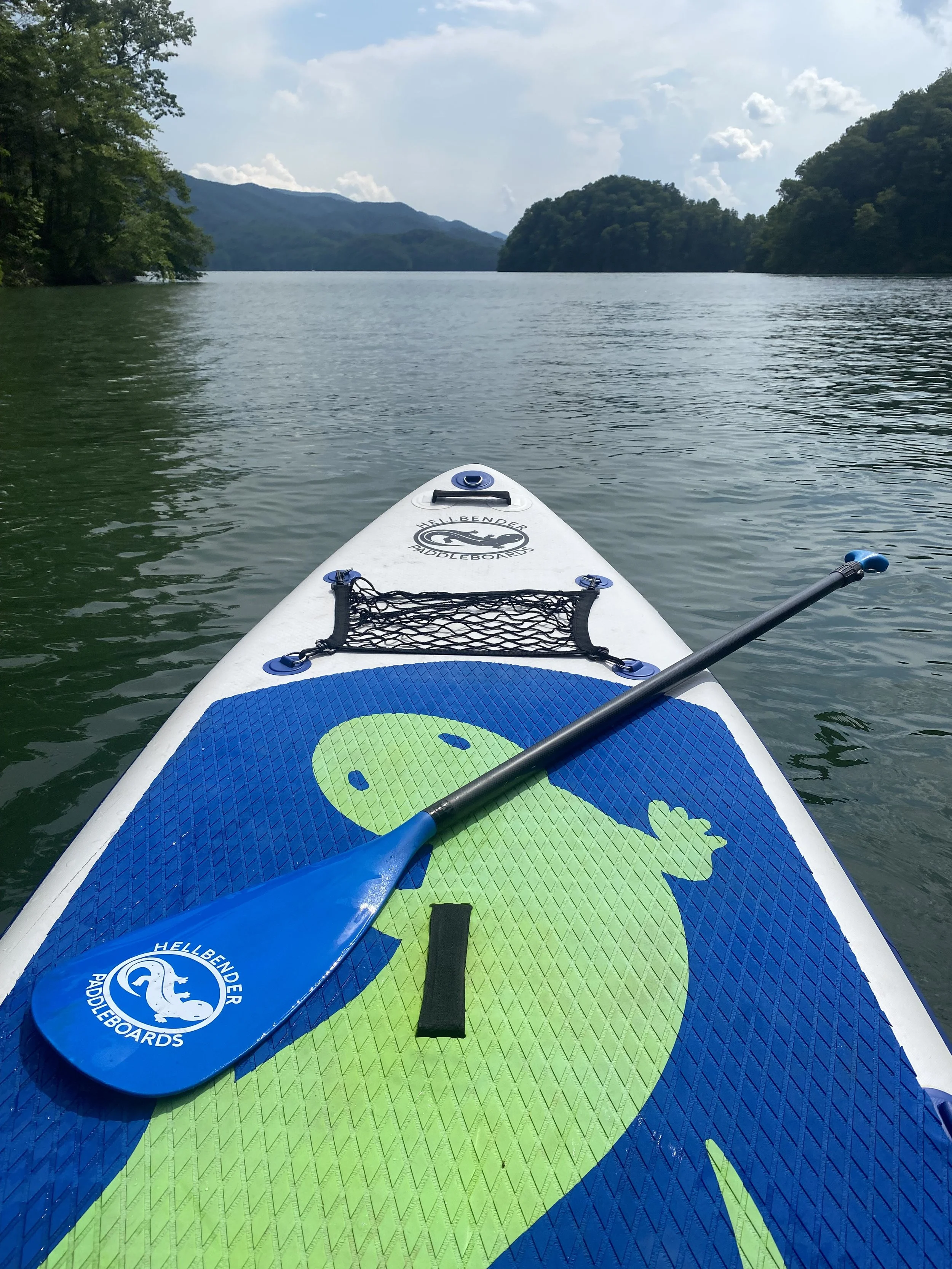 View from a paddleboard on a calm lake with mountains and trees in the background, a paddle with a blue blade resting on the board, and the board featuring a green gecko graphic.