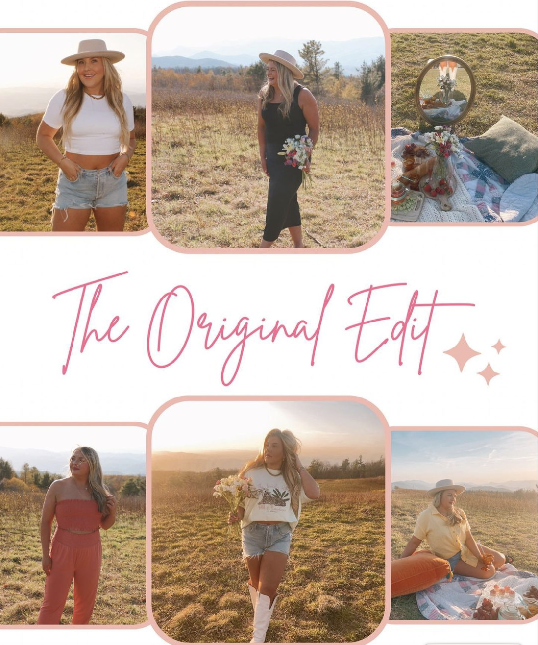 Collage of women enjoying outdoor photoshoots in a field during sunset, with picnic setup including flowers, blanket, and mirror.