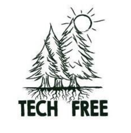 A black and white line drawing of three trees with roots, a sun above, and the words 'TECH FREE' below.