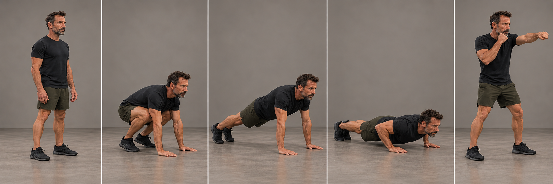 Home workout sequence showing a squat, plank, press-up and standing punch