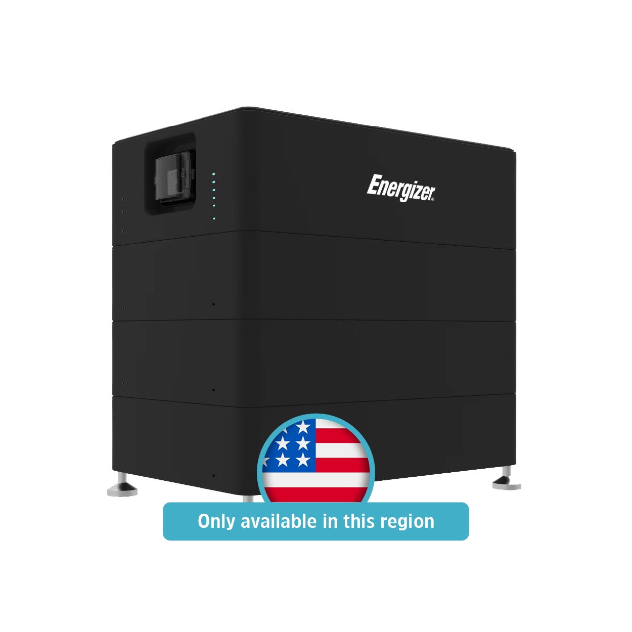 A black Energizer battery storage unit with four compartments on a white background. A circular badge with the American flag and the text "Only available in this region" is in front of the unit.