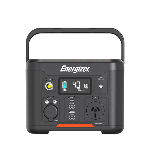 Portable Energizer power station with digital display, USB ports, AC outlet, and control buttons.