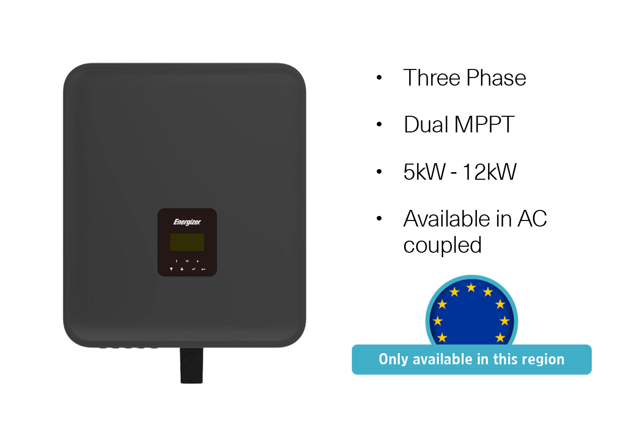 A gray outdoor solar inverter with a small display and controls on the front. To the right of the inverter, text describes features such as three-phase, dual MPPT, 5kW to 12kW, and availability in AC coupled. There is a European Union flag logo at the bottom right with a label that reads "Only available in this region."
