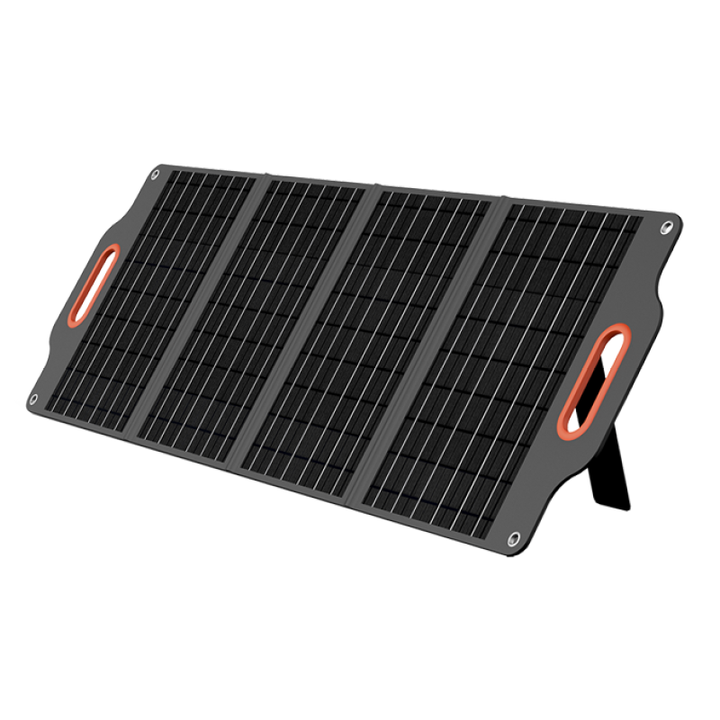 Portable solar panel with black solar cells, orange accents, and a foldable stand.