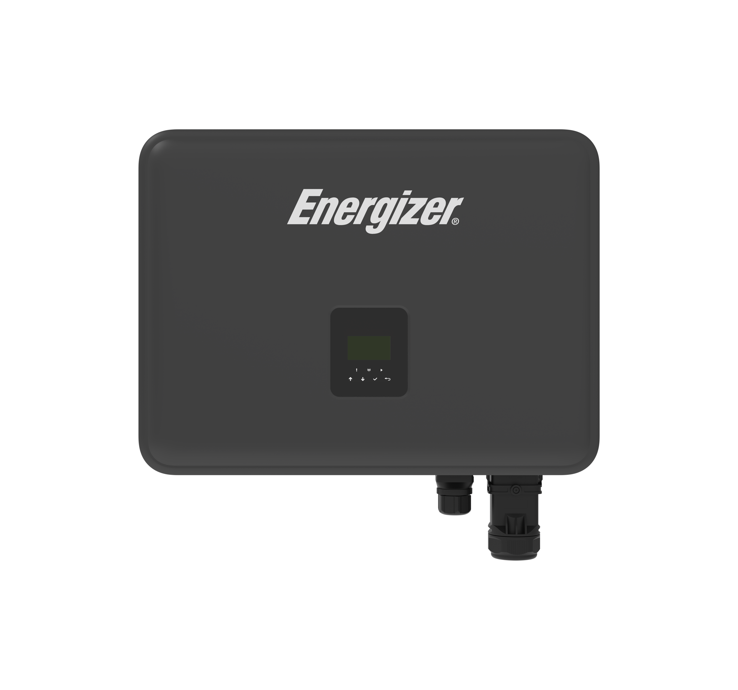 A black Enerizer solar power inverter with a small digital display in the center and adjustable connectors at the bottom.