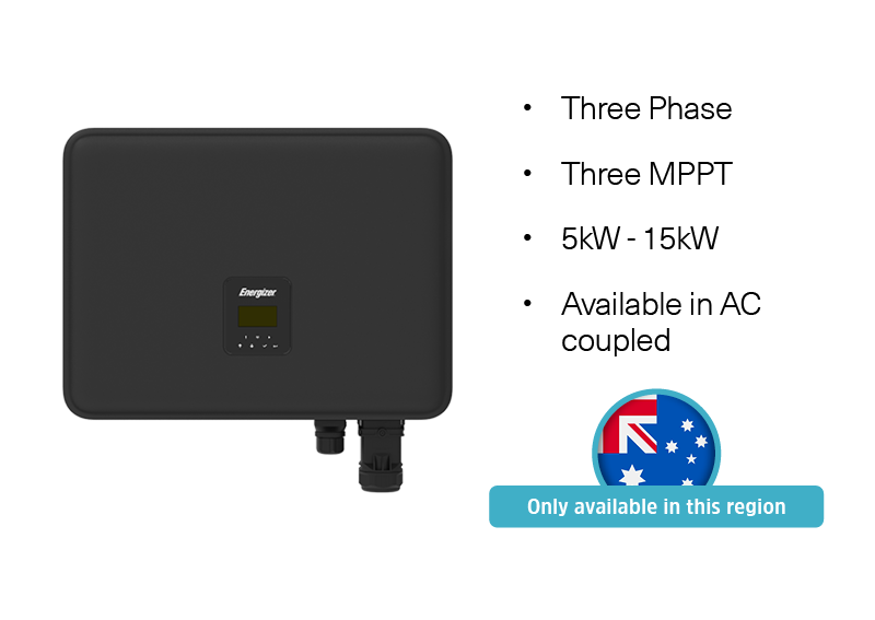 A black solar inverter with a small display screen on the front and input/output ports at the bottom, used for solar power systems, with text listing features such as three-phase, three MPPT, 5kW to 15kW capacity, and availability in AC coupled systems, with an Australian flag and a label indicating regional availability.