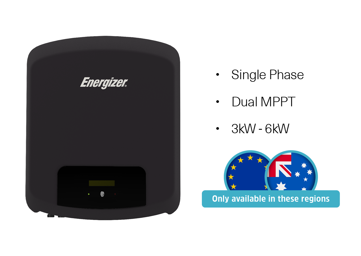 Energizer solar inverter with product features including single phase, dual MPPT, 3kW to 6kW capacity, available only in certain regions such as Europe and Australia.