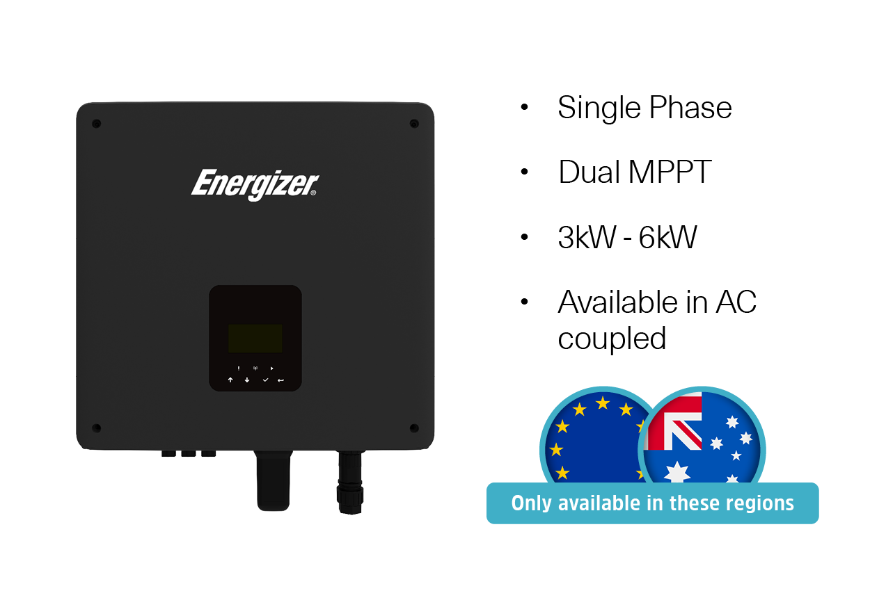 Energizer solar inverter with text listing features: single phase, dual MPPT, 3kW to 6kW, available in AC coupled. Icons of European and Australian flags with a note indicating regional availability.