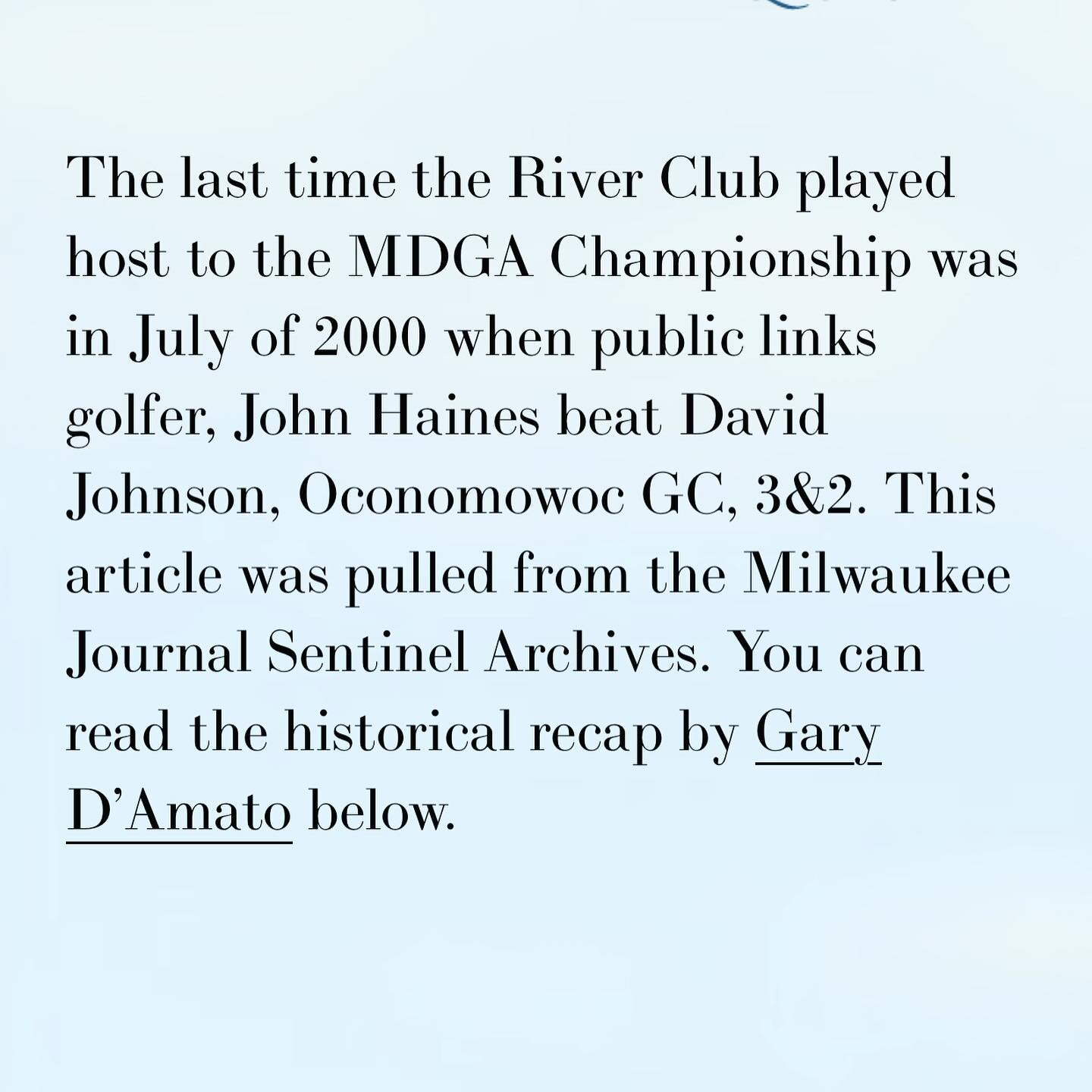 Excited to announce that the River Club of Mequon will host the 2024 championship! Registration is open on our website. Check out the recap from the year 2000 when John Haines clinched the title at the River Club of Mequon. Full article by Gary D&rsq