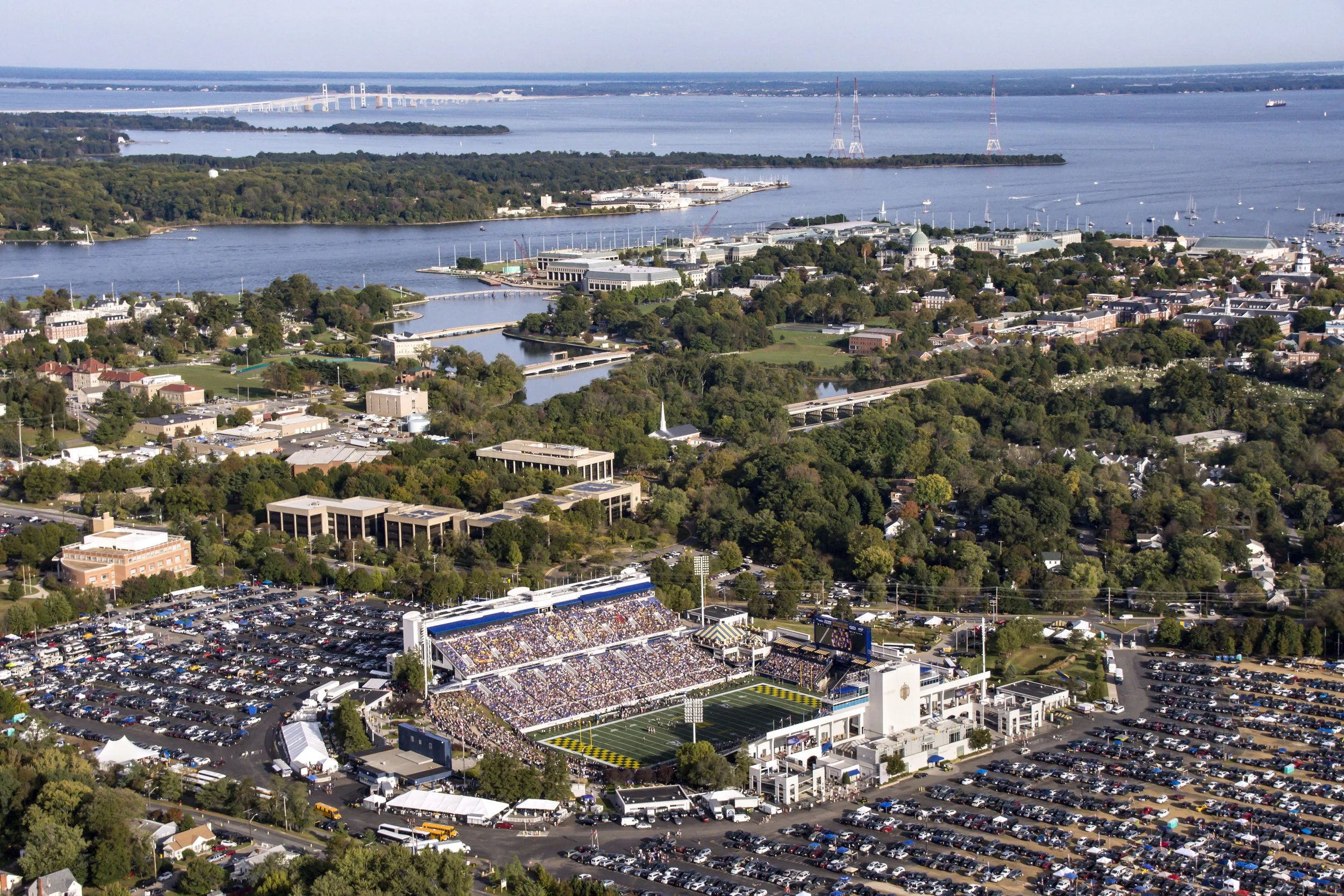 Aerial of Football Stadium during a game 