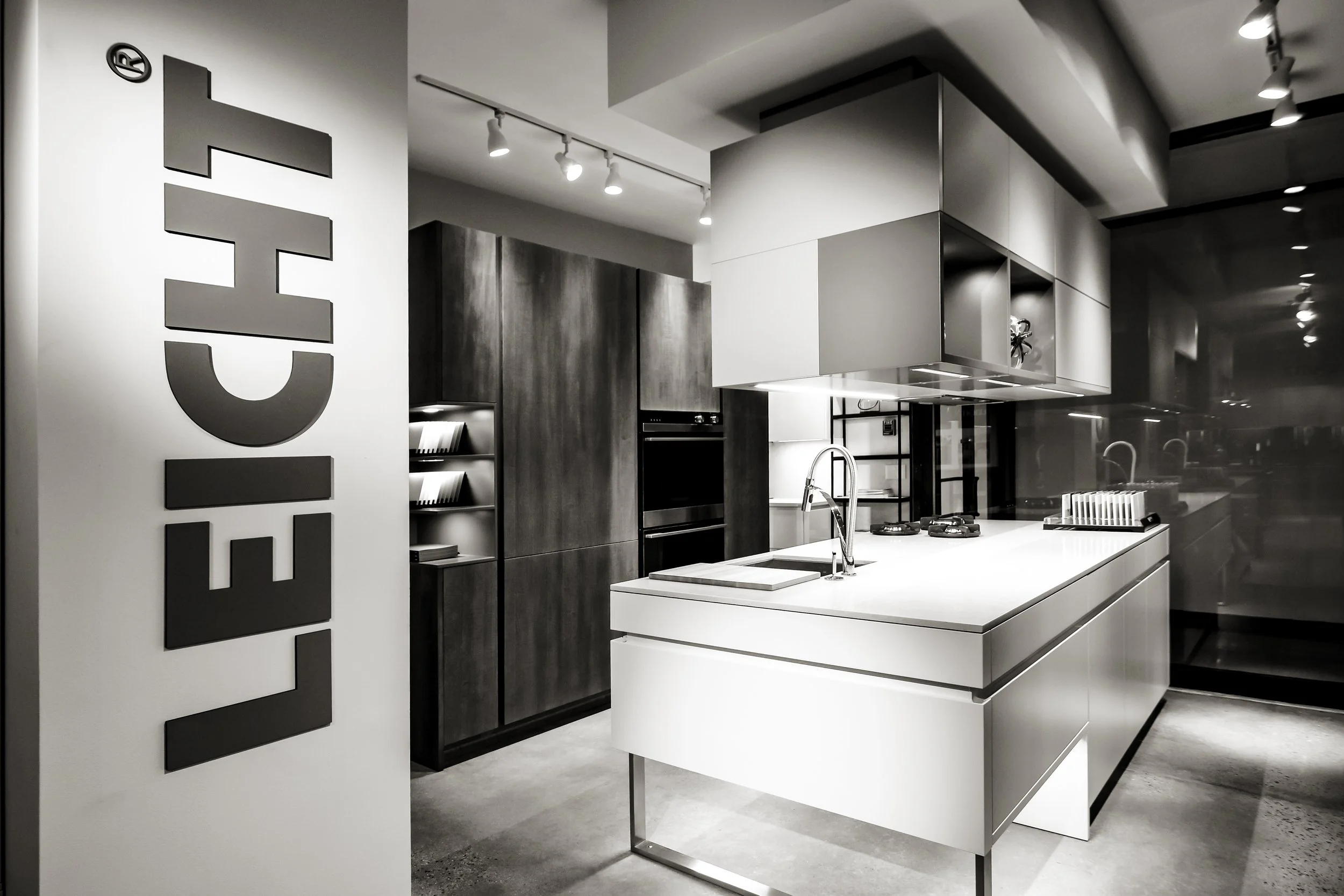 Show Floor interior  for Leicht brand kitchen appliances in Black and White 
