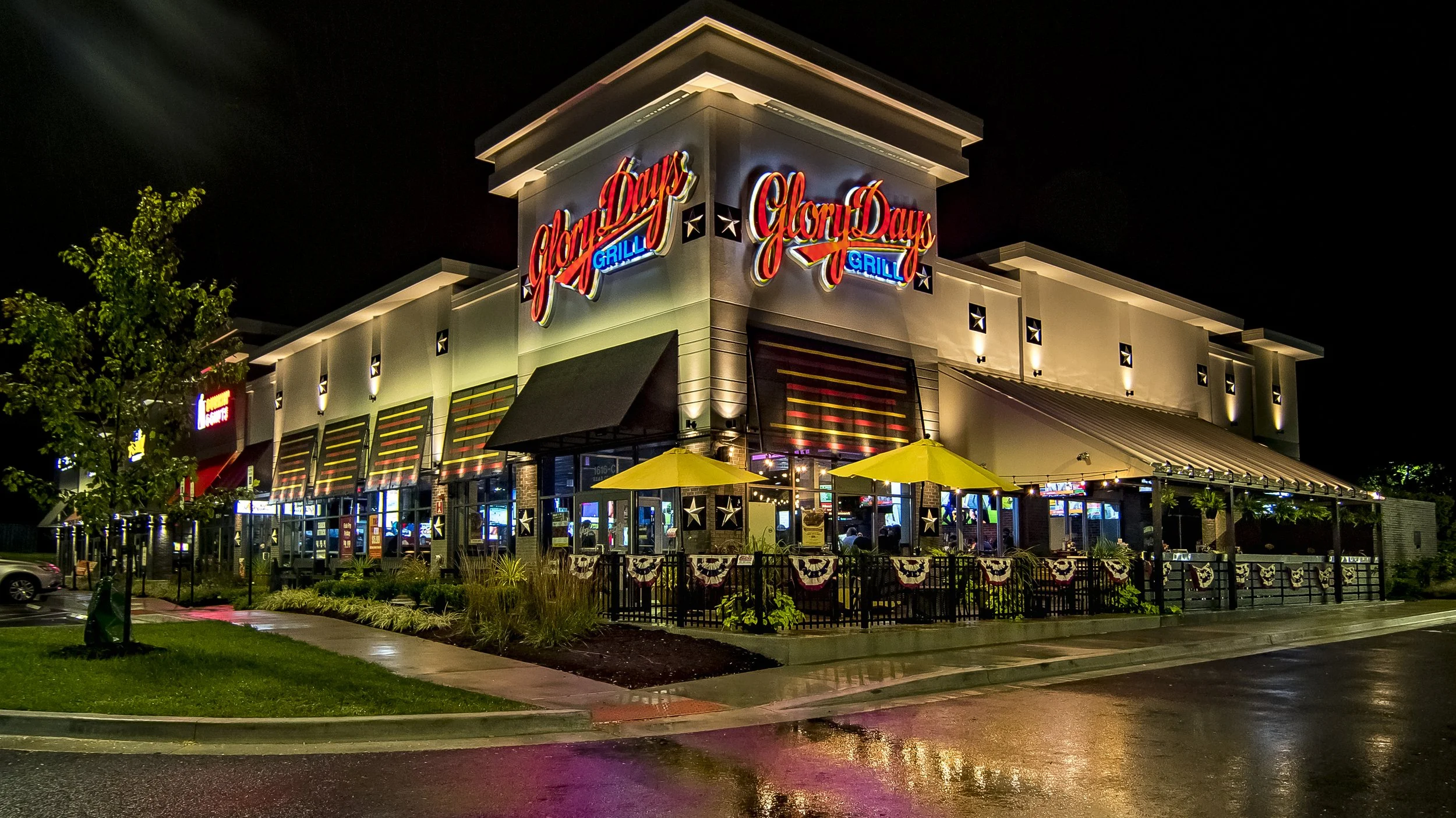 Glory Days Grill exterior at night 