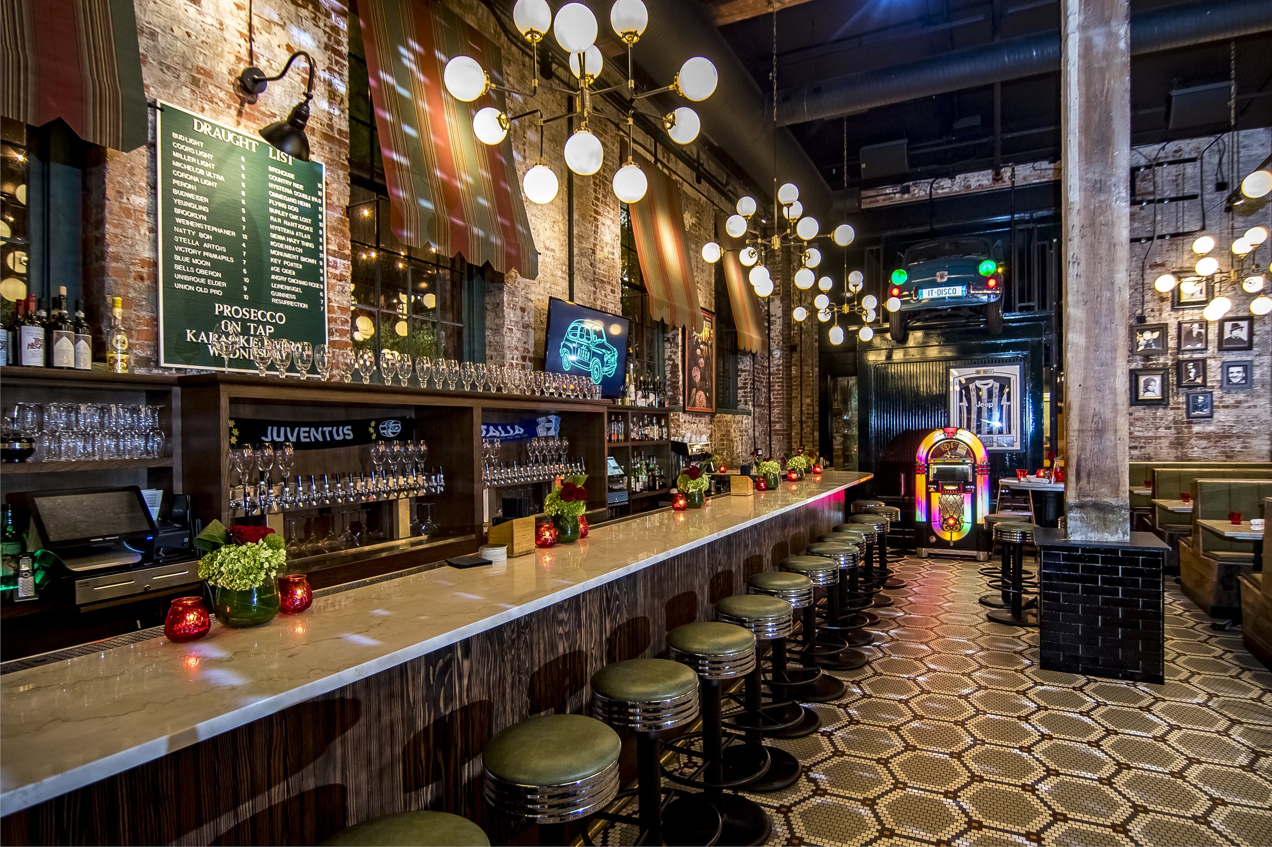 Industrial Bar interior with bar stools and Juke Box 