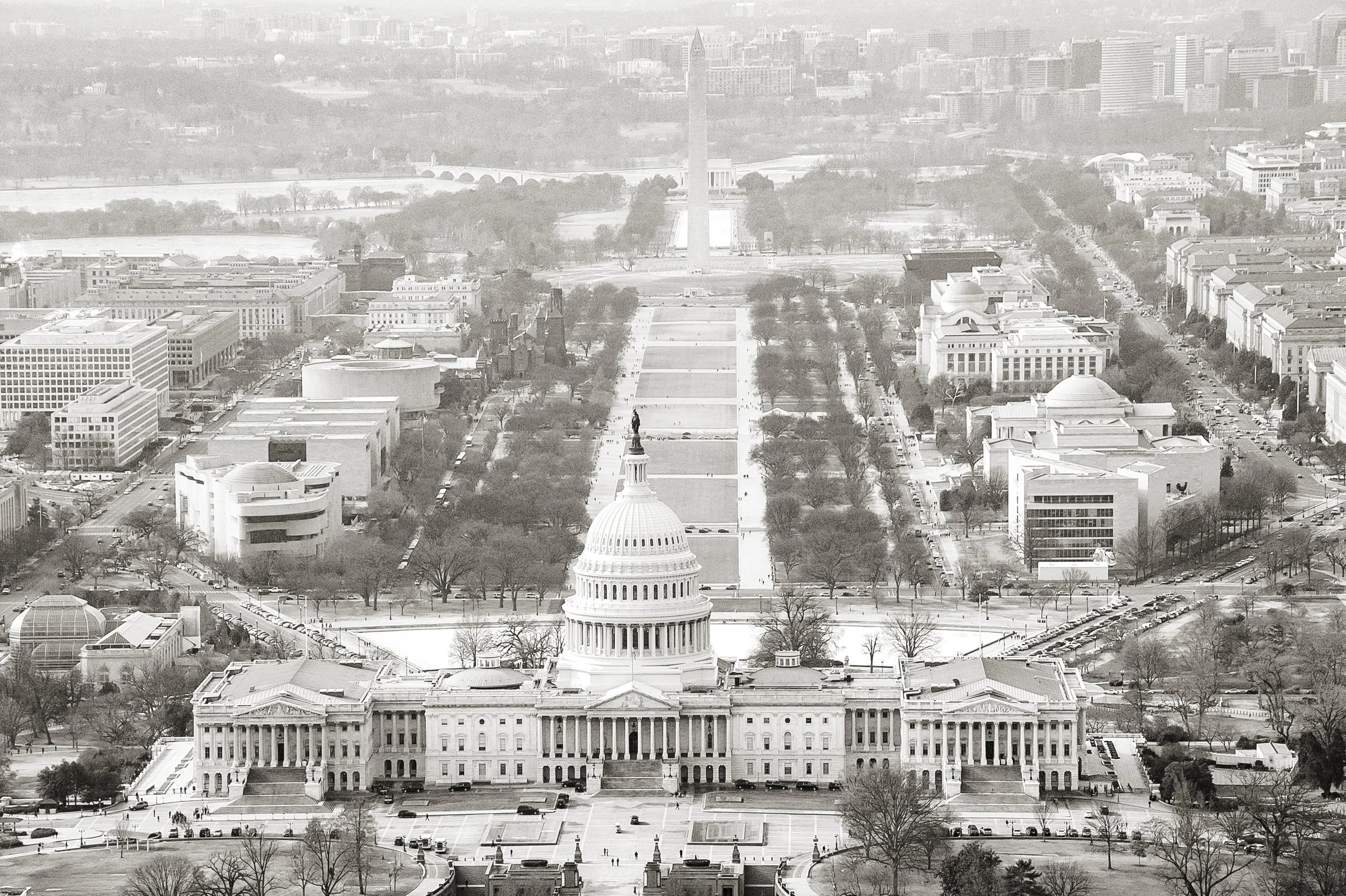 Black and White Aerial of Washington DC with the Washington Monument and Capital Building 
