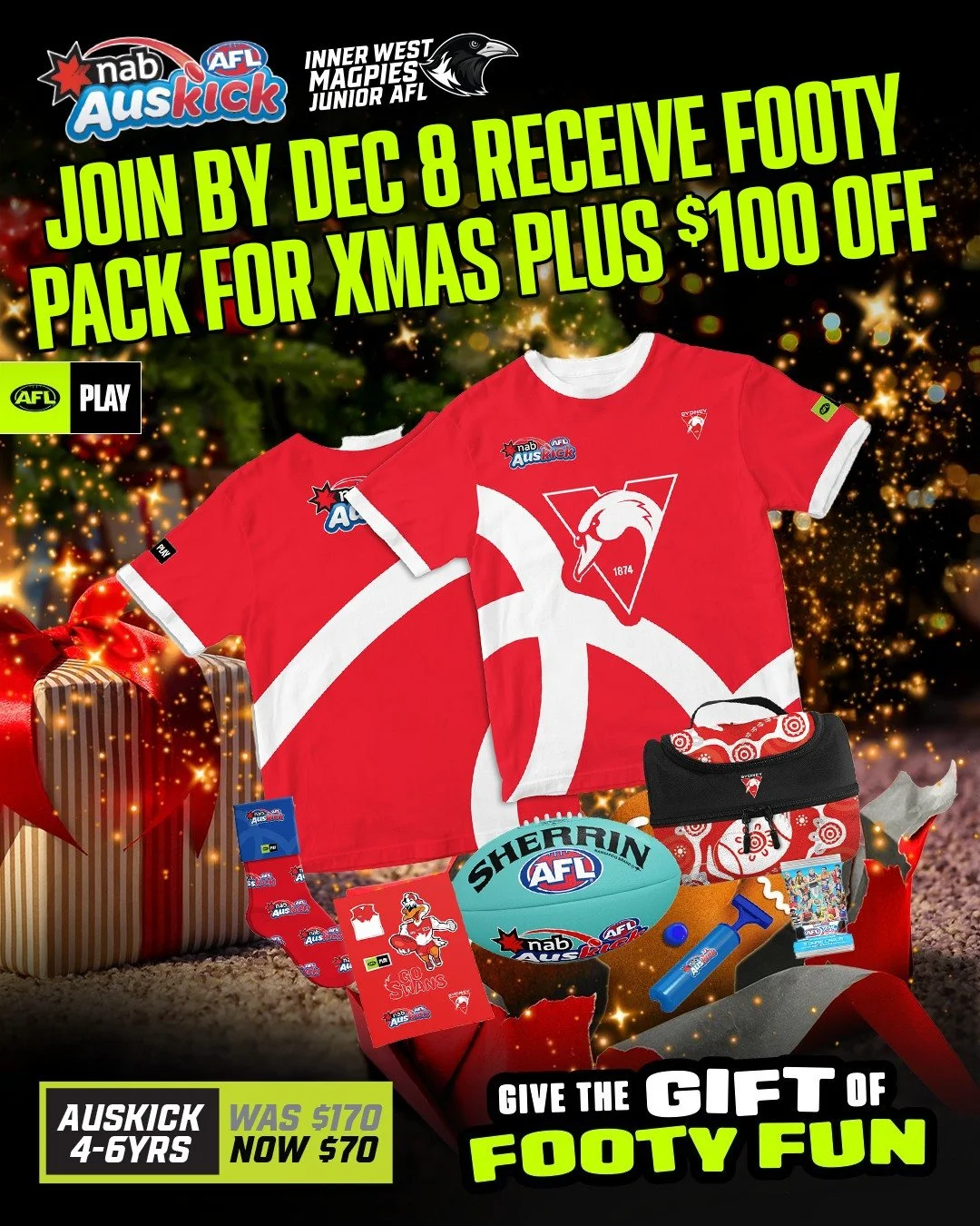 🎅 Give the gift of footy fun this Christmas! 🎁🏉

Register for Auskick or Superkick by Dec 8 &amp; receive your footy pack in time for xmas, plus a $100 Off your 2026 Registration - Only $70 - Don&rsquo;t forget to add the voucher code in the check