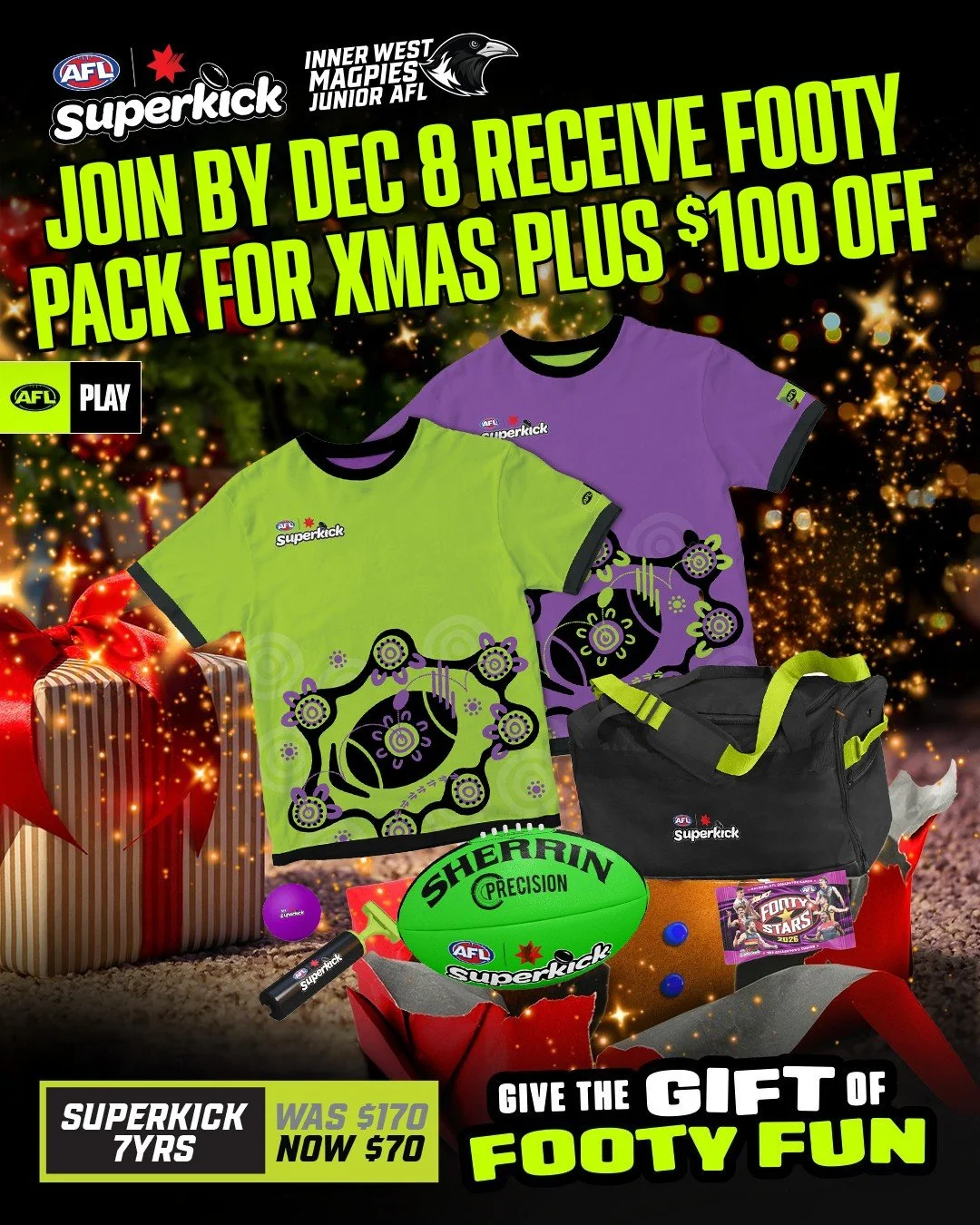 🎅 Give the gift of footy fun this Christmas! 🎁🏉

Register for Auskick or Superkick by Dec 8 &amp; receive your footy pack in time for xmas, plus a $100 Off your 2026 Registration - Only $70 - Don&rsquo;t forget to add the voucher code in the check