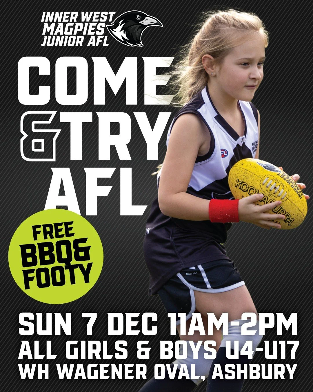 🏉 KICK START YOUR SUNDAY WITH THE MAGPIES! 🌭

Looking for something fun to do on Sunday, December 7th? Come down to WH Wagener Oval for our Free Come &amp; Try AFL Day!

Whether your child is a complete beginner or looking to keep their skills shar