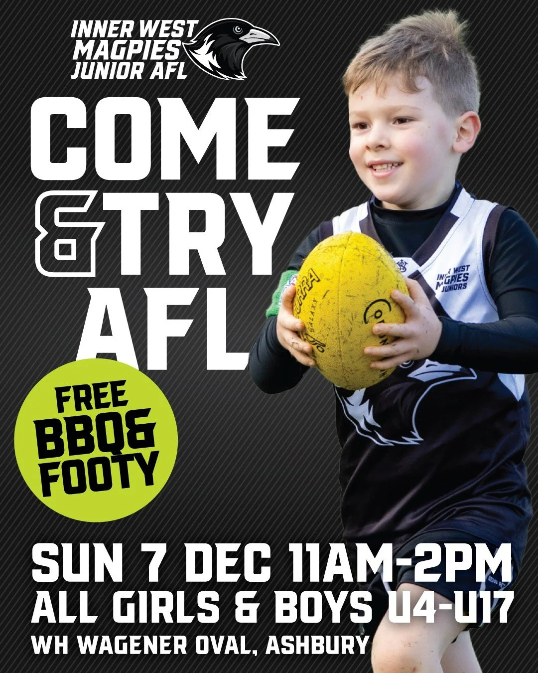 🏉 KICK START YOUR SUNDAY WITH THE MAGPIES! 🌭

Looking for something fun to do on Sunday, December 7th? Come down to WH Wagener Oval for our Free Come &amp; Try AFL Day!

Whether your child is a complete beginner or looking to keep their skills shar