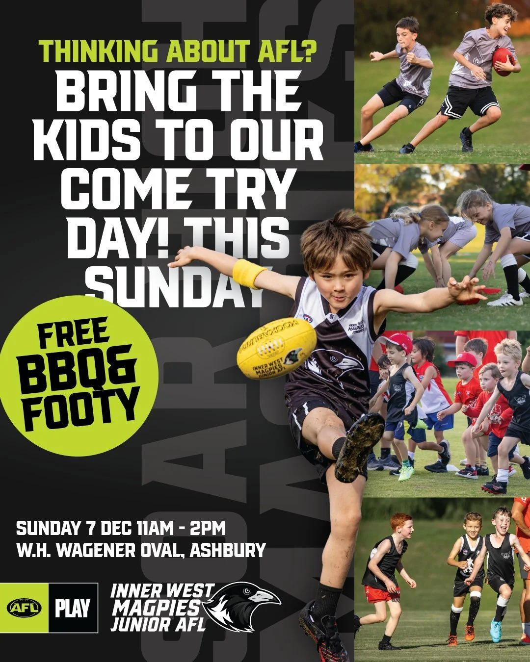 Thinking about AFL? Bring the kids to our Come Try Day! 🏉 Free BBQ, free footy, and heaps of fun for kids of all ages. Keen to join us on the day? Register now &mdash; https://events.humanitix.com/magpie-juniors-come-and-try-bbq. Where fun, friendsh
