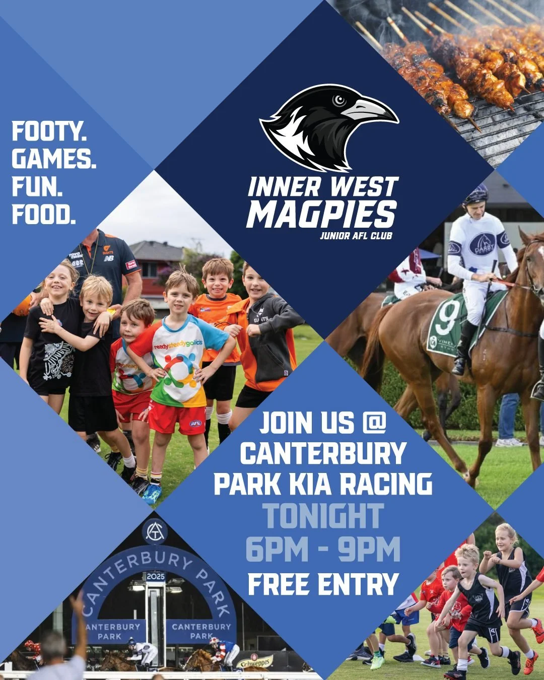 TONIGHT IS THE NIGHT! 🏁

The sun is out, and we are ready for a big evening at Canterbury Park Kia Racing! 🏟️

Come down and join the Inner West Magpies for: 🏉 Fun Footy Games 🏃&zwj;♂️ Activities for the kids 🌭 Great Food &amp; Vibes 🎟 FREE ENT