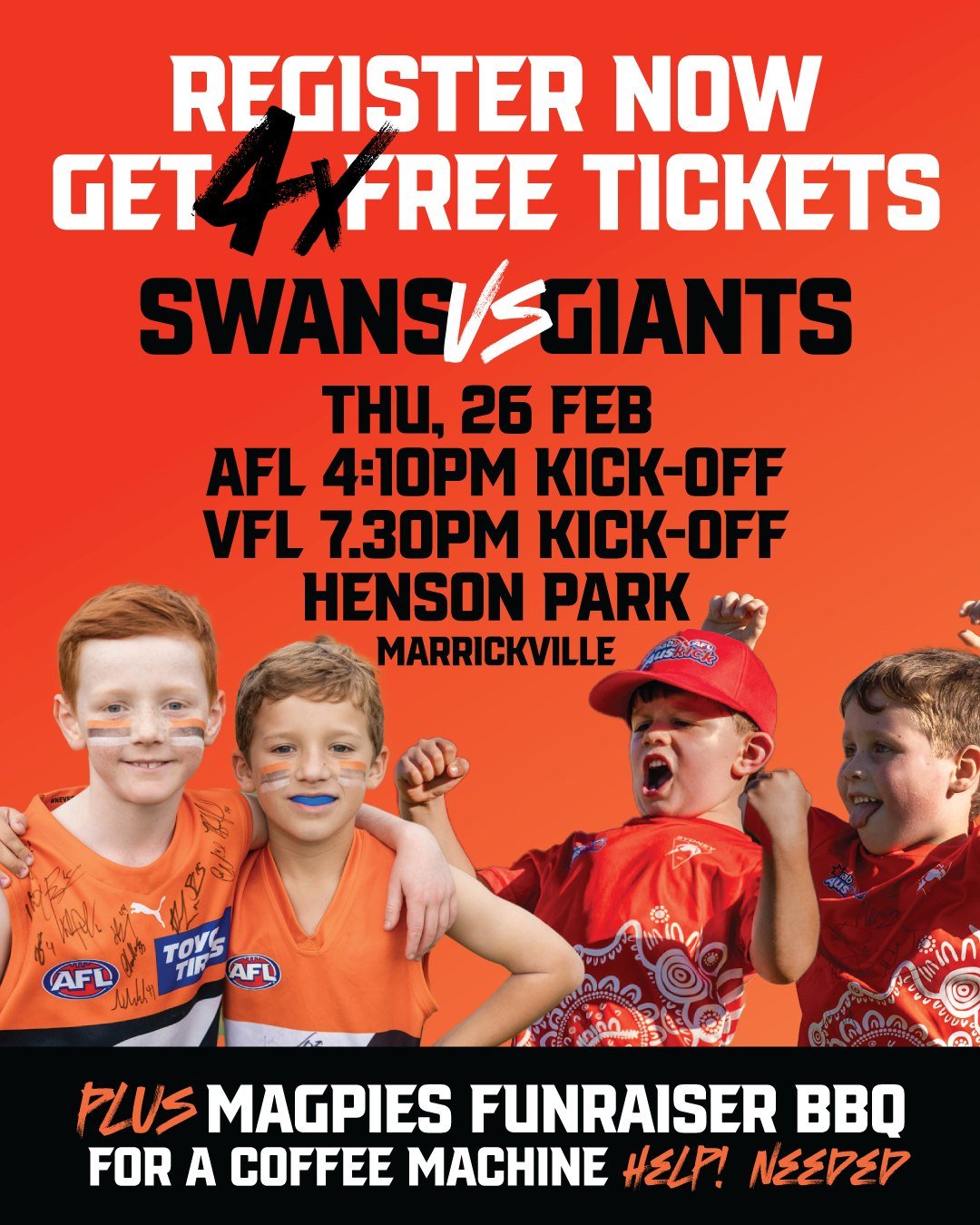 FREE AFL TICKETS &amp; A FOOTY FEAST! 🏉🥧 

We&rsquo;ve got 4x FREE TICKETS up for grabs for every player that registers for the 2026 season! It&rsquo;s a massive double-header on Thursday, 26th Feb, with AFL kicking off at 4:10 PM and VFL at 7:30 P