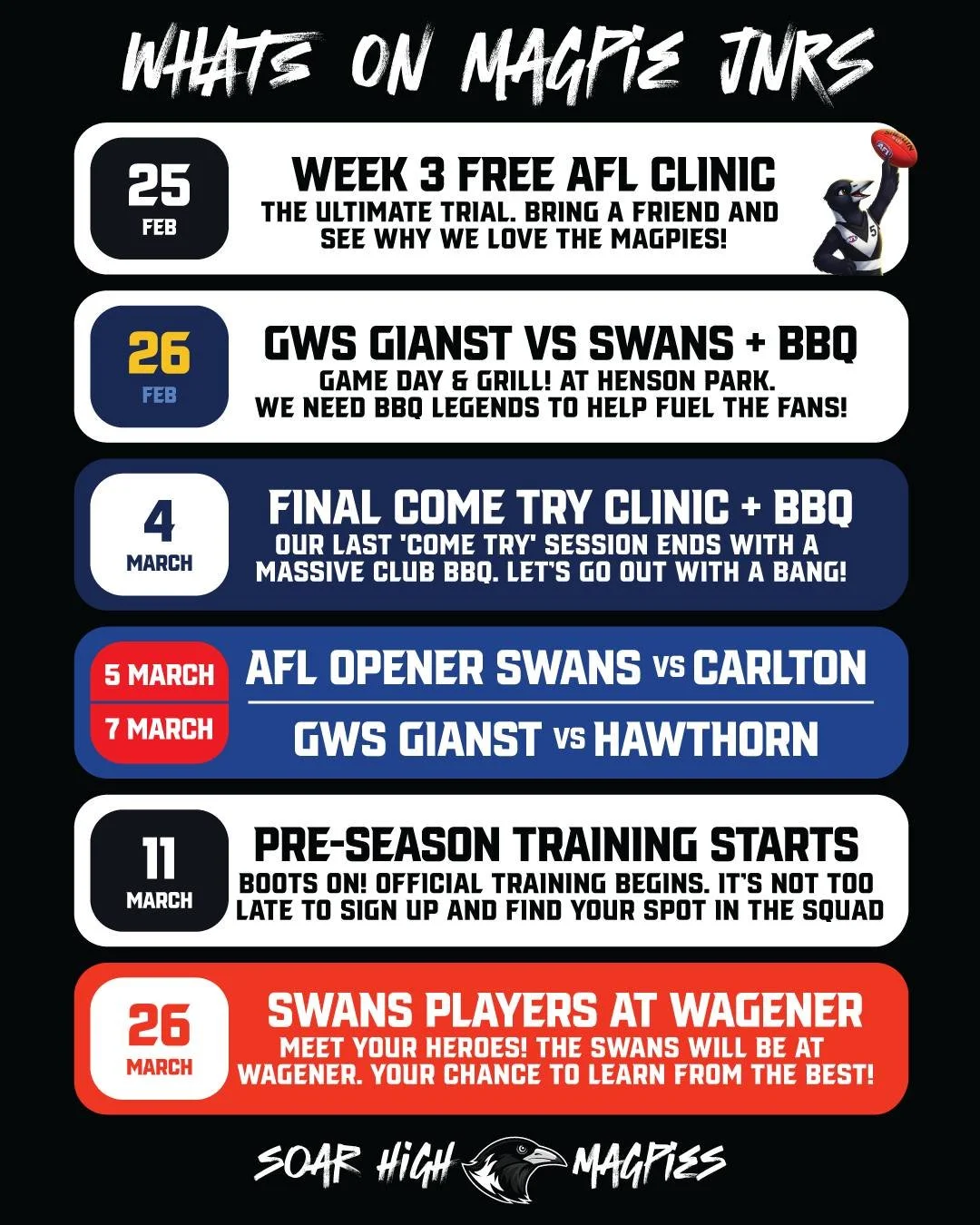 🏉 THIS WEDNESDAY: GIVE AFL A GO!

Ready to see why we love the Magpies? Our Week 3 FREE AFL Clinic is happening this Wednesday, and it&rsquo;s the perfect time to jump in! 
https://events.humanitix.com/4-week-free-clinic/tickets

Whether you're look