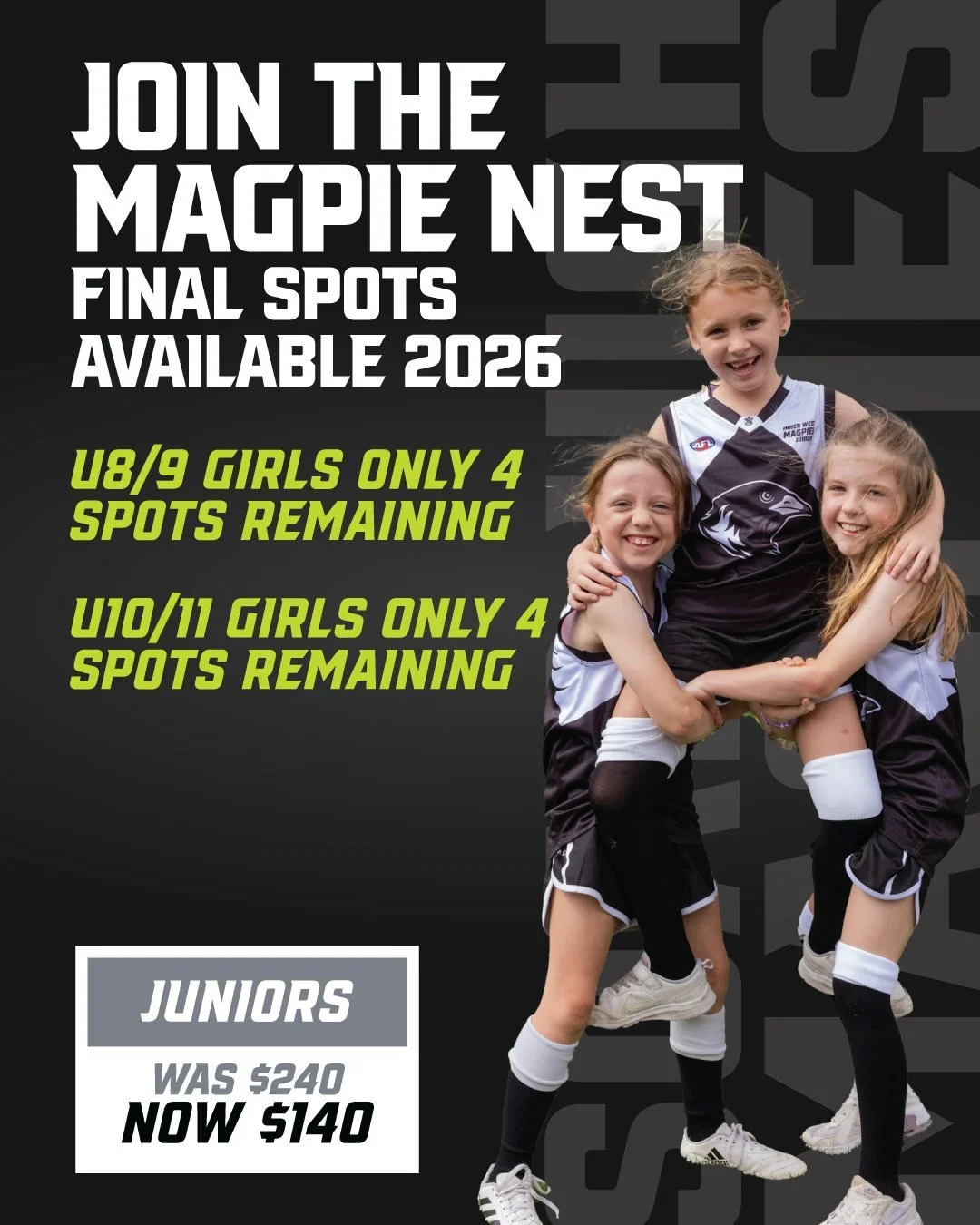 🏉 GIRLS, IT&rsquo;S TIME TO FLY! FINAL SPOTS FOR 2026 🏉
The Magpie Nest is almost full! We are down to the final few places in our dedicated Girls Only squads. Whether she&rsquo;s never picked up a footy or is the next AFLW star, we want her at the
