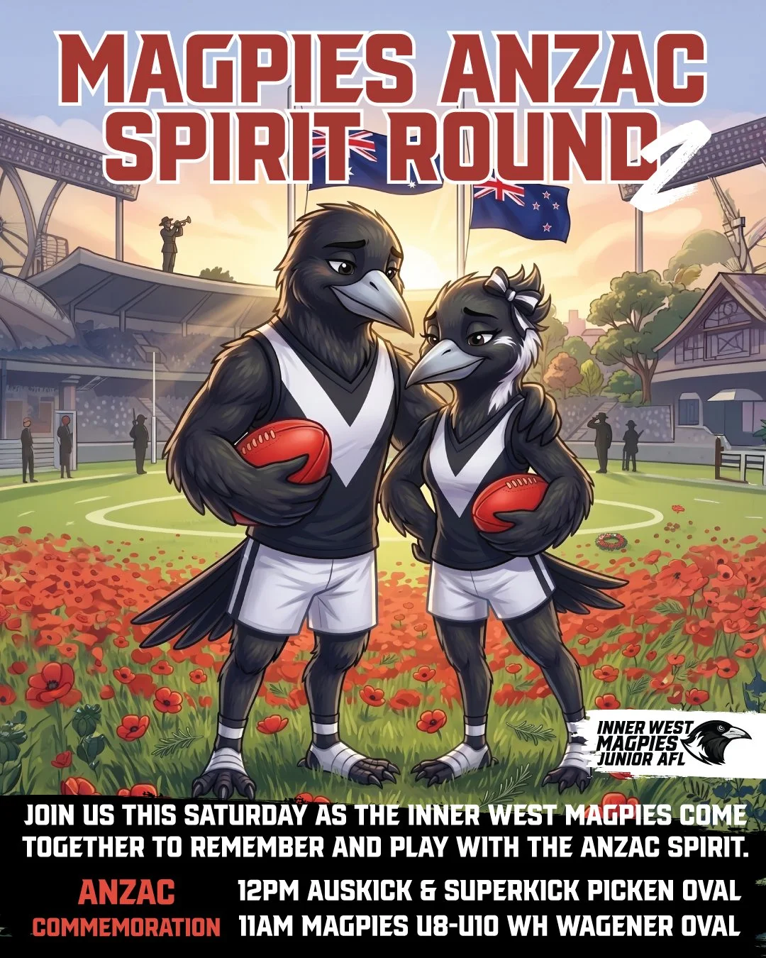 🏉🌹 Join us this Saturday as the Inner West Magpies come together to remember and play with the Anzac Spirit. 🏉🌹

This weekend is our 'Magpies Anzac Spirit Round'. We are holding special commemorations across both our grounds to honor the courage,