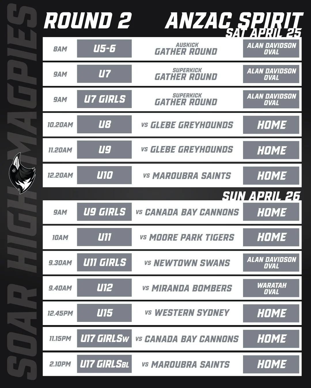 Lest we forget. This weekend, the Inner West Magpies Juniors take the field to honor the ANZAC spirit of mateship, courage, and teamwork.

We&rsquo;ve got a massive weekend of footy ahead! Our Auskick and Superkick squads are heading to Alan Davidson