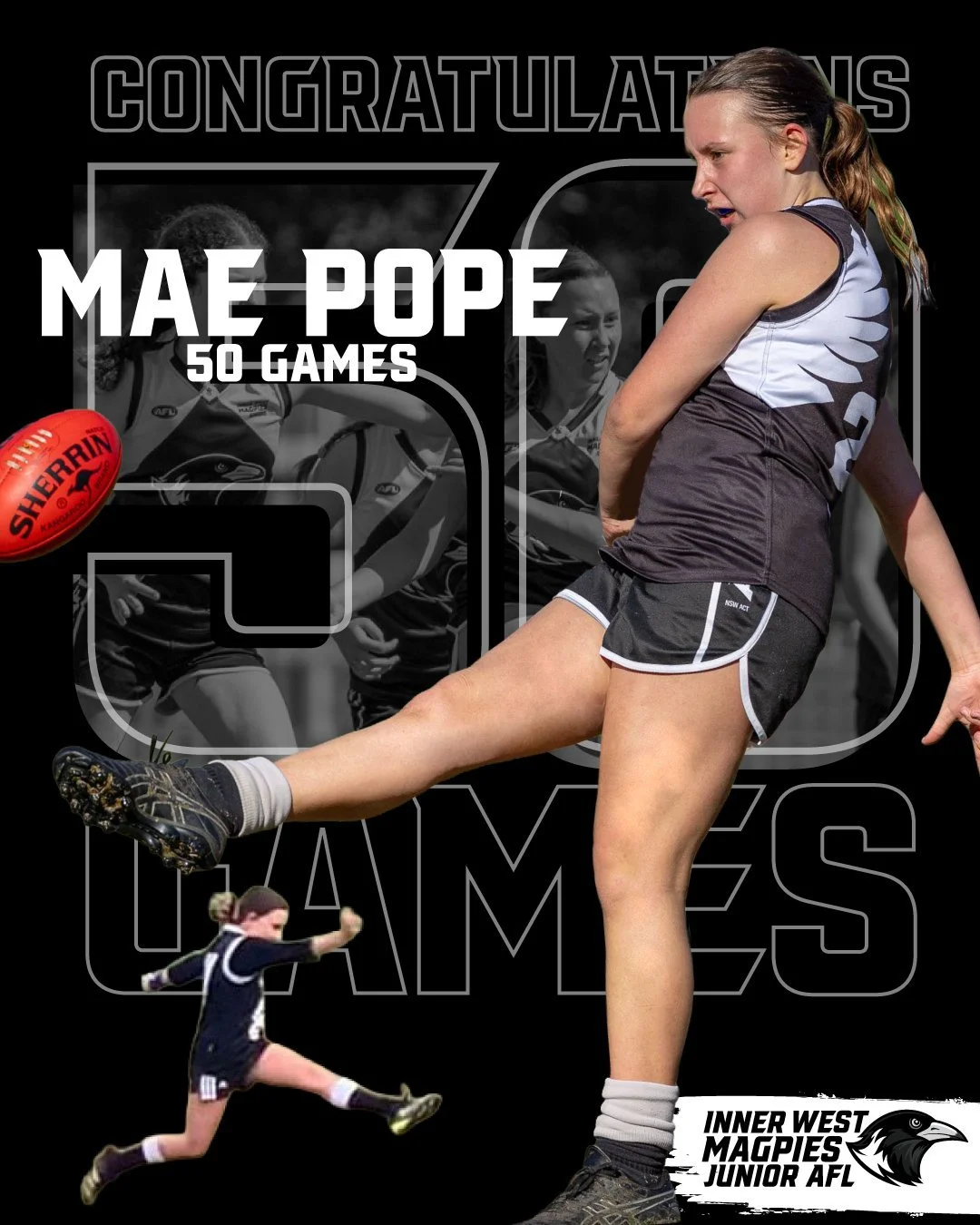 50 GAMES FOR MAE! 🖤🤍 Huge congratulations to Mae Pope on reaching her 50-game milestone with the Inner West Magpies! 🛡️ Since day one, Mae has brought incredible energy, skill, and "Magpie Magic" to the field.

We are so proud to watch y