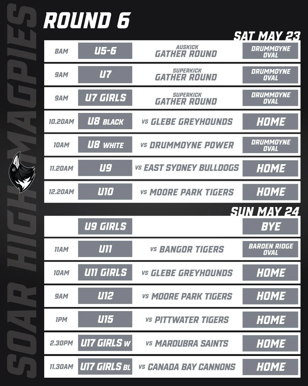 🦅 ROUND 6 FIXTURES &amp; A SAVE-THE-DATE! 🦅

From our U5s kicking things off Saturday morning to the U17 Girls closing out Sunday afternoon, Round 6 is locked and loaded. Can't wait to see that game sense in action across the weekend!

🎶 SAVE THE 