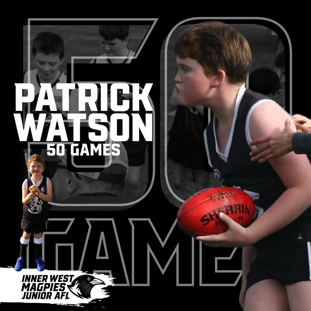 50 GAMES FOR PATRICK! 🖤🤍 Huge congratulations to Patrick Watson on reaching his 50-game milestone with the Inner West Magpie Juniors! 🦅 From his early days running around in the black and white to tearing it up on the field today, Patrick has show